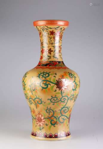 Chinese Yellow Underglaze Famille Rose Vase