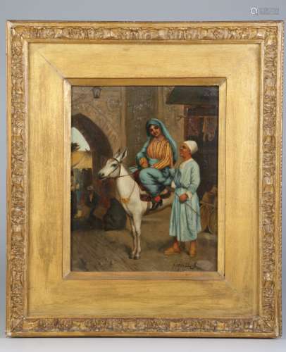 Oil on Board of Orientalist Painting Lady on Donke