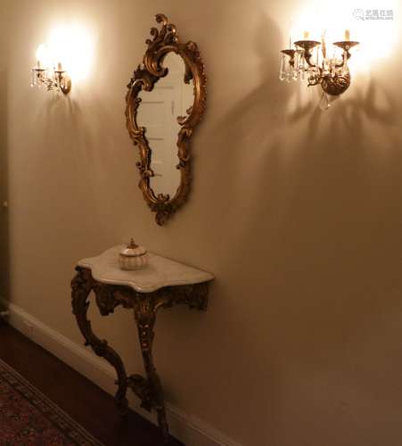 Set of European wall mirror, table, and sconces.