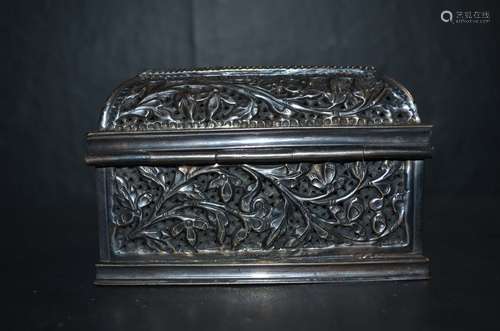 Chinese Silver  Hand Carved Flower Jewelry Box