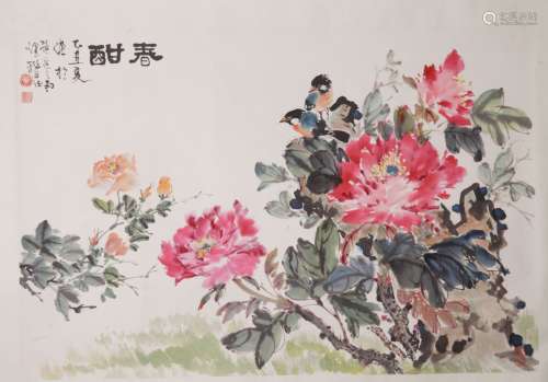 Chinese Watercolor Painting of Birds and Flower