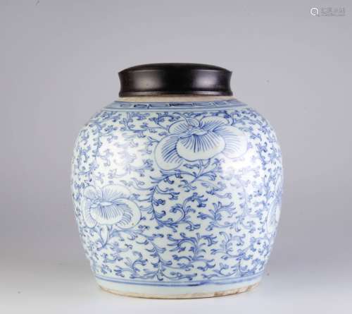 Chinese Blue/White Porcelain Jar w/ Wood Cover