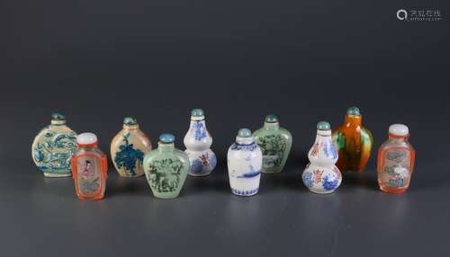 Group of 10 Chinese Snuff Bottle Porcelain & Glass