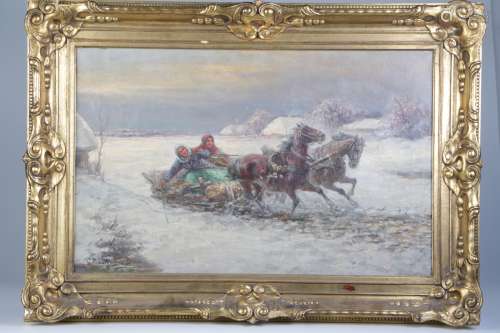 Hungarian Oil on Canvas Painting of Snow Scene
