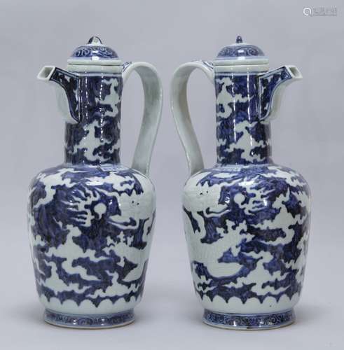 Pair of Chinese Blue/White Porcelain Ewers