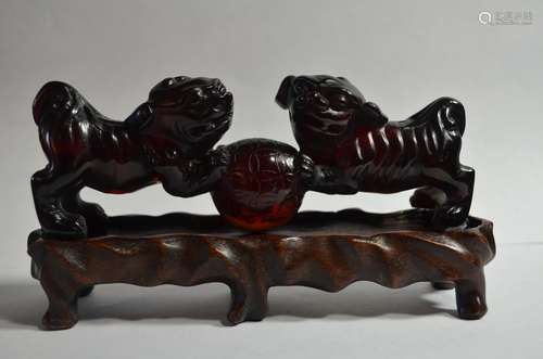 Antique Chinese Carved Amber Statue Of Foo  Dog