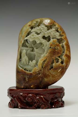 Chinese Jade Carved Boulder with Wood Stand