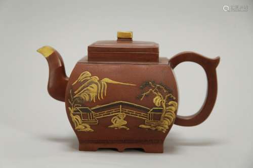 Chinese Yixing Zisha Teapot, Mounted Gilt on Spout