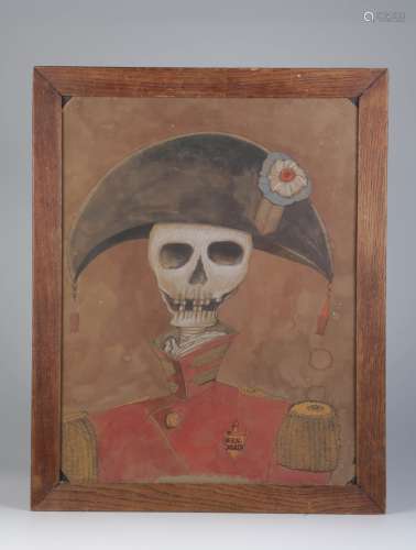 Mix Media Early 20th C. Painting of Skull