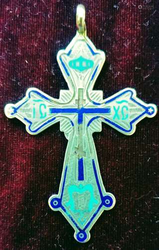 Antique 84 Silver Enamel Russian Cross pendant