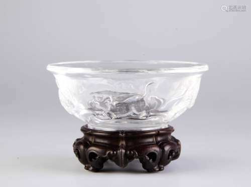 Chinese Crystal Carved Bowl w/ Four Mythical Beast