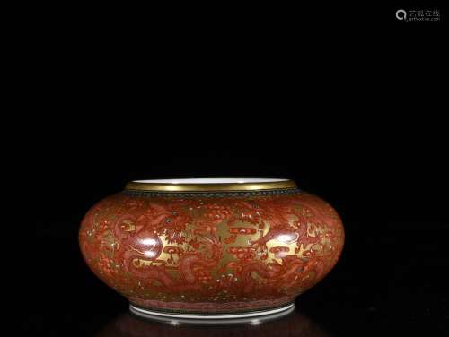A GILT DECORATED RED GLAZE BRUSH WASHER