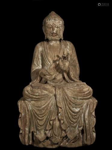 A WOODEN FIGURE OF SEATING BUDDHA