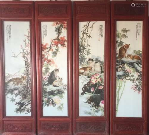 FOUR FAMILLE ROSE PLAQUES OF CATS, ZHANG QIAN