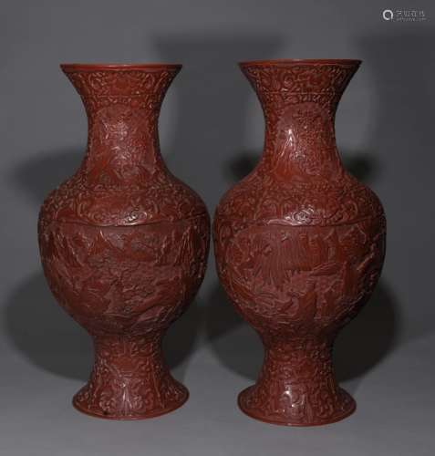 A PAIR OF RED LACQURE VASES