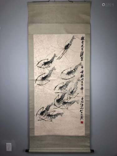 Qi Baishi Seal ink on paper of Ten prawns hanging scroll
