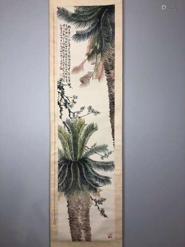 Ancient chinese water painting of palm tree and Mei flower hanging scroll