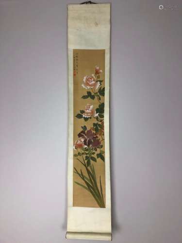 A beautiful flower ink and color on silk hanging scroll