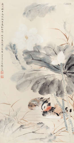 张守成（1918～2013） 丙申（1956）年作 荷塘双鸳 立轴 设色纸本