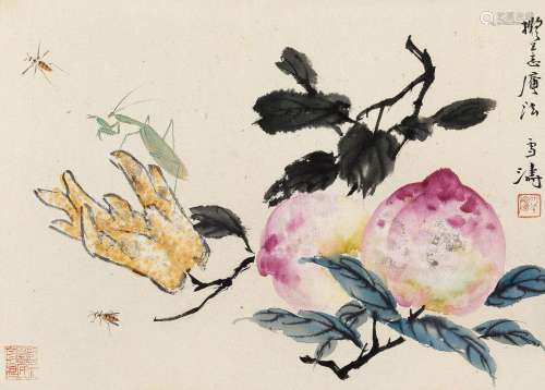 王雪涛（1903～1982） 寿桃图 镜片 设色纸本