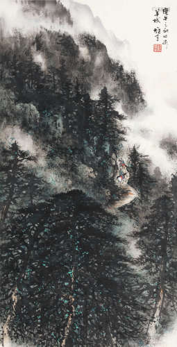 黎雄才（1910～2001） 庚午（1990）年作 松山行旅 立轴 设色纸本