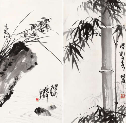 卢坤峰（b.1934） 丙辰（1976）年作 墨竹 （两帧） 镜片 水墨纸本