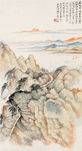 贺天健（1891～1977） 丙戌（1946）年作 林峦帆影 镜片 设色纸本