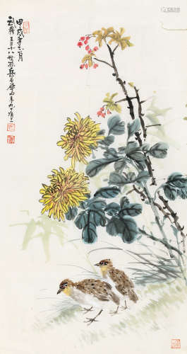 岳石尘（1902～2003） 甲戌（1994）年作 秋菊双禽 镜片 设色纸本