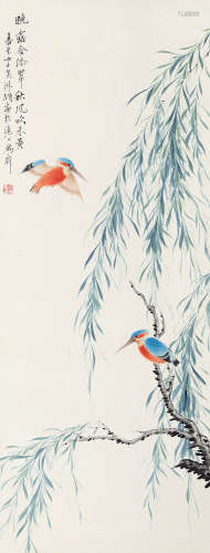 吴淑娟（1853～1931） 柳荫双雀 立轴 设色纸本