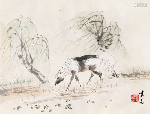 张聿光（1885～1968） 秋郊牧马 镜框 设色纸本