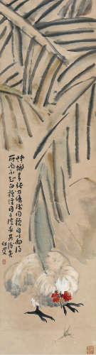谭组云（1876～1949） 蕉荫鸡趣 立轴 设色纸本