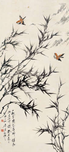 唐云 申石伽（1910～1993） 癸丑（1973）年作 竹林幽禽 立轴 设色纸本
