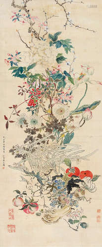 屈兆麟（1866～1937） 己巳（1929）年作 花香果熟 立轴 设色绢本