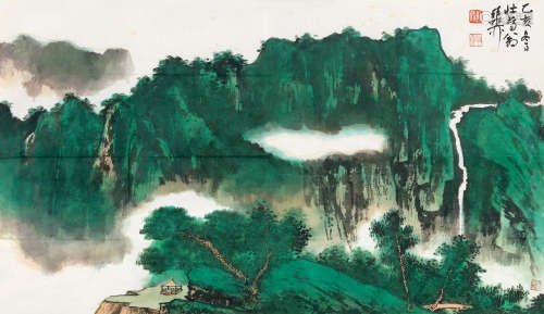 谢稚柳（1910～1997） 乙亥（1995）年作 泉瀑青山 镜片 设色纸本