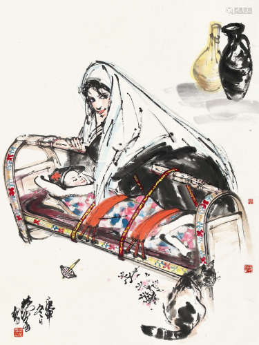 黄胄（1925～1997） 庚申（1980）年作 育婴图 立轴 设色纸本