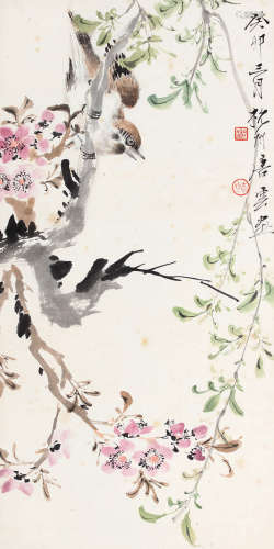 唐云（1910～1993） 癸卯（1963）年作 桃花小鸟 立轴 设色纸本