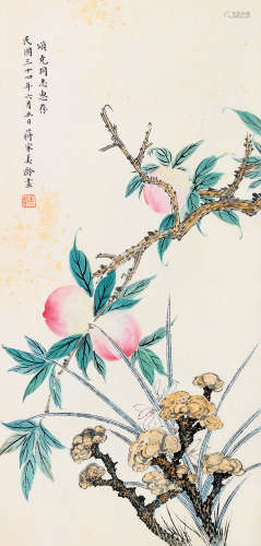 宋美龄（1898～2003） 1945年作 桃寿延年 镜片 设色纸本