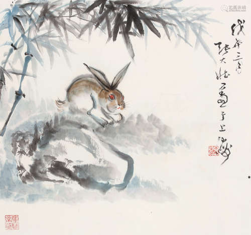 张大壮（1903～1980） 戊午（1978）年作 竹兔图 镜框 设色纸本