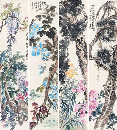 马万里（1904～1979） 己巳（1929）年作 花卉 四屏 立轴 设色纸本