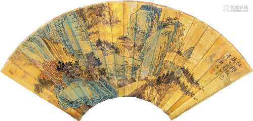 陆恢（1851～1920） 江乡秋色 扇面 设色泥金