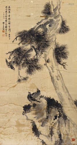 胡公寿（1823～1886） 丁丑（1867）年作 松禽怪石图 立轴 水墨纸本