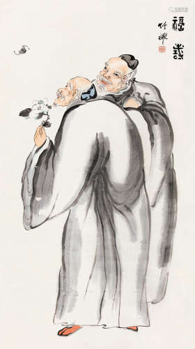 竹禅（1824～1901） 福寿 立轴 设色纸本