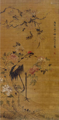 张联第（清） 丙寅（1866）年作 鹤寿 立轴 设色绢本