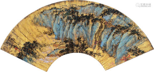 谢稚柳（1910～1997） 金碧山水 扇片 设色金笺