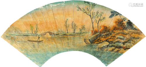 颜文梁（1893～1988） 春江泛舟 扇面 设色纸本