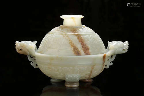 A HETIAN LIGHT GREENISH WHITE JADE CENSER WITH CAP