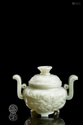 A HETIAN LIGHT GREENISH WHITE JADE CENSER WITH CAP