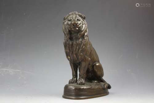 Bronze figure Lion Assis seated lion signed by Barye