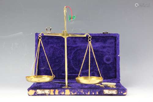 Vintage brass portable balance with weight and box