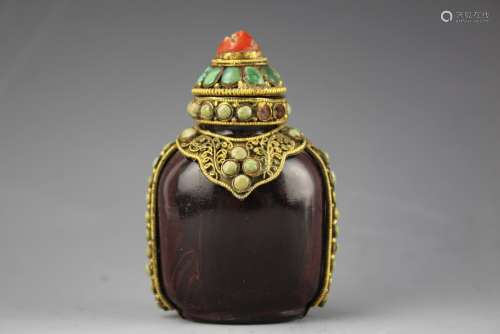 19th Chinese Peking glass gilt copper snuffle bottle